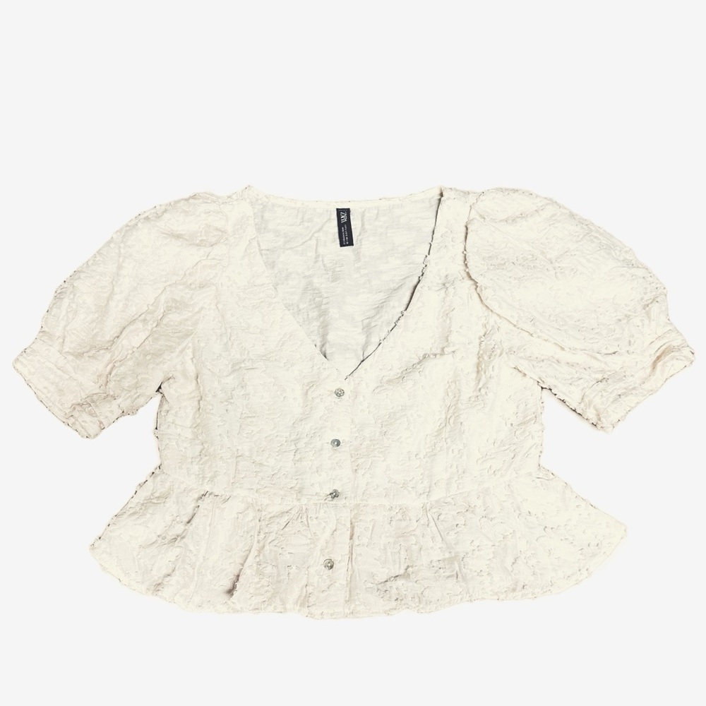 Zara Cream Textured Puff Sleeve Button Front Peplum Blouse Size S - Picture 2 of 12